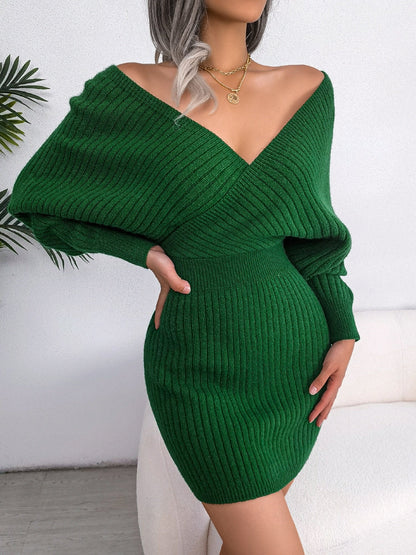 DressBetty - Sweater Dresses Formal Deep V Neck Mini  Dress Batwing Long Sleeve Knitted Winter Dresses