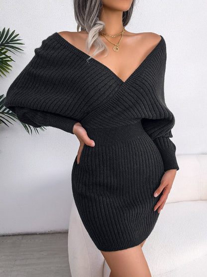 DressBetty - Sweater Dresses Formal Deep V Neck Mini  Dress Batwing Long Sleeve Knitted Winter Dresses