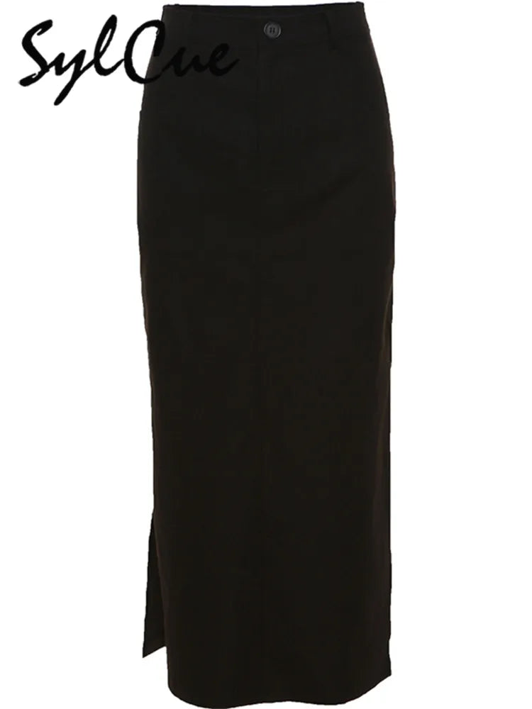 Simple Black Split  Slim Light Cool Feminine Charm Skirt