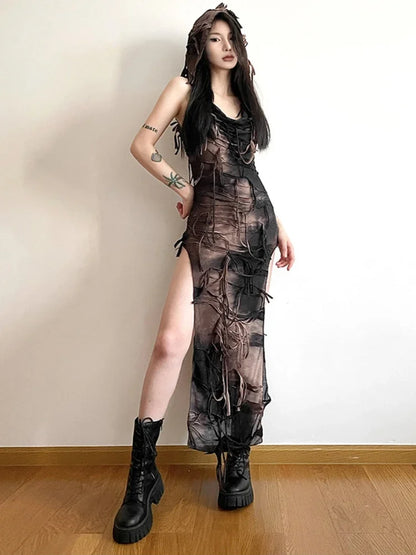 Tassel Vintage Gothic Hooded Midi Dress Fairy Grunge Y2K  High Split Sleeveless Tie Dye Dress