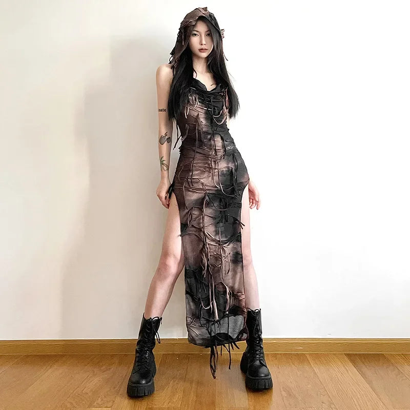 Tassel Vintage Gothic Hooded Midi Dress Fairy Grunge Y2K  High Split Sleeveless Tie Dye Dress