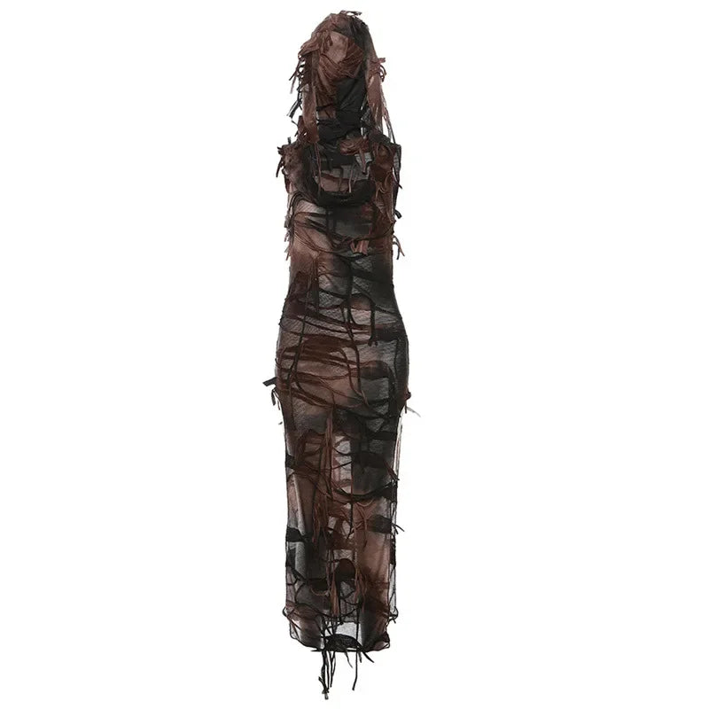 Tassel Vintage Gothic Hooded Midi Dress Fairy Grunge Y2K  High Split Sleeveless Tie Dye Dress