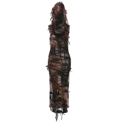 Tassel Vintage Gothic Hooded Midi Dress Fairy Grunge Y2K  High Split Sleeveless Tie Dye Dress