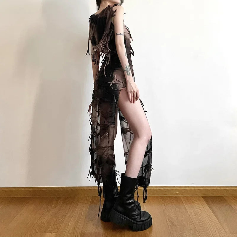 Tassel Vintage Gothic Hooded Midi Dress Fairy Grunge Y2K  High Split Sleeveless Tie Dye Dress