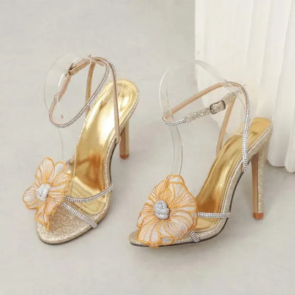 Temperament rhinestone embroidered flower  peep toe ankle strap wedding High Heel