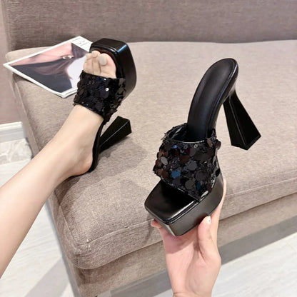 Temperamental Outdoors Platform Shoes  Peep Toe Bling Square Head High-Heel High Heel