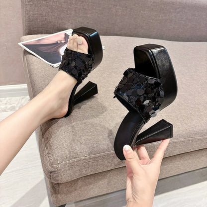 Temperamental Outdoors Platform Shoes  Peep Toe Bling Square Head High-Heel High Heel
