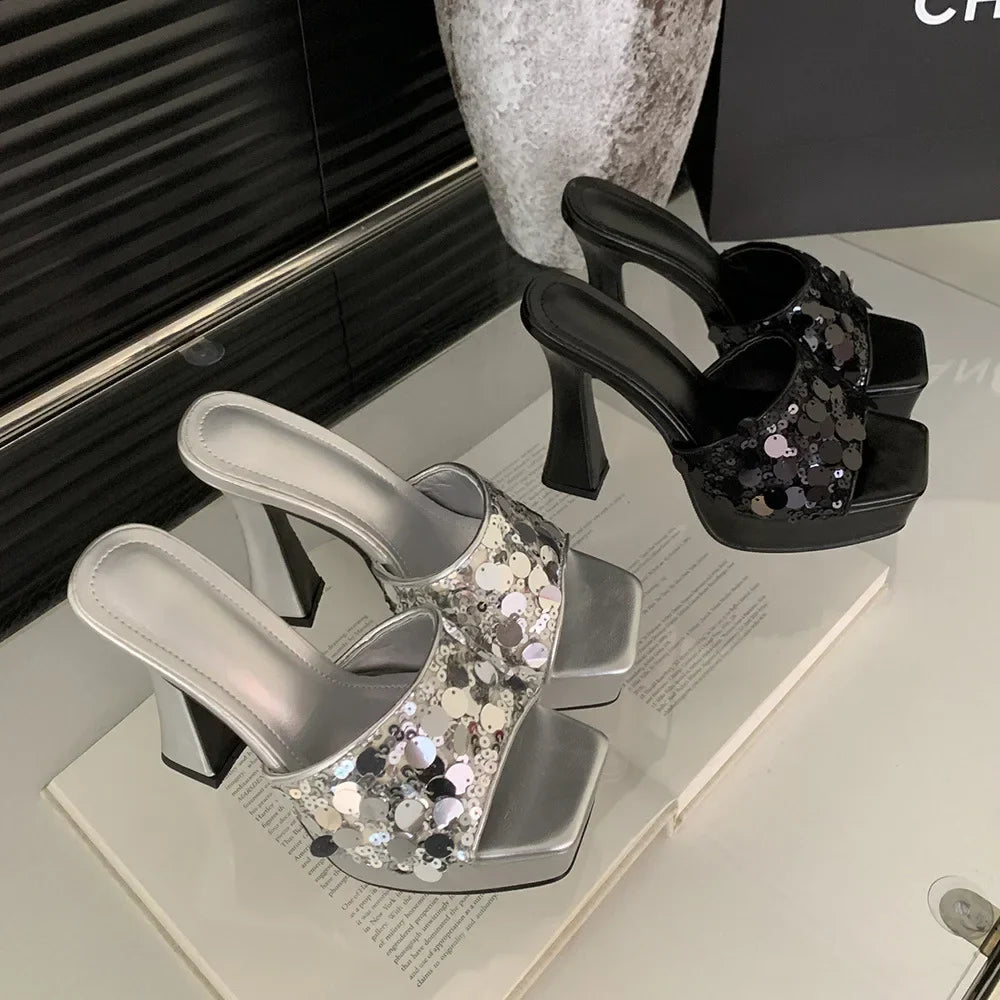 Temperamental Outdoors Platform Shoes  Peep Toe Bling Square Head High-Heel High Heel