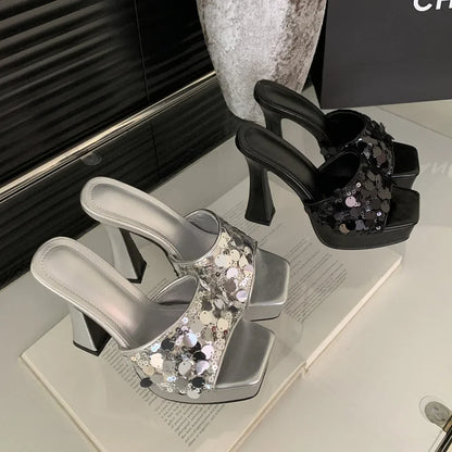 Temperamental Outdoors Platform Shoes  Peep Toe Bling Square Head High-Heel High Heel