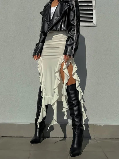 DressBetty - Ruffled High Split Pleated  Patchwork Maxi Skirt