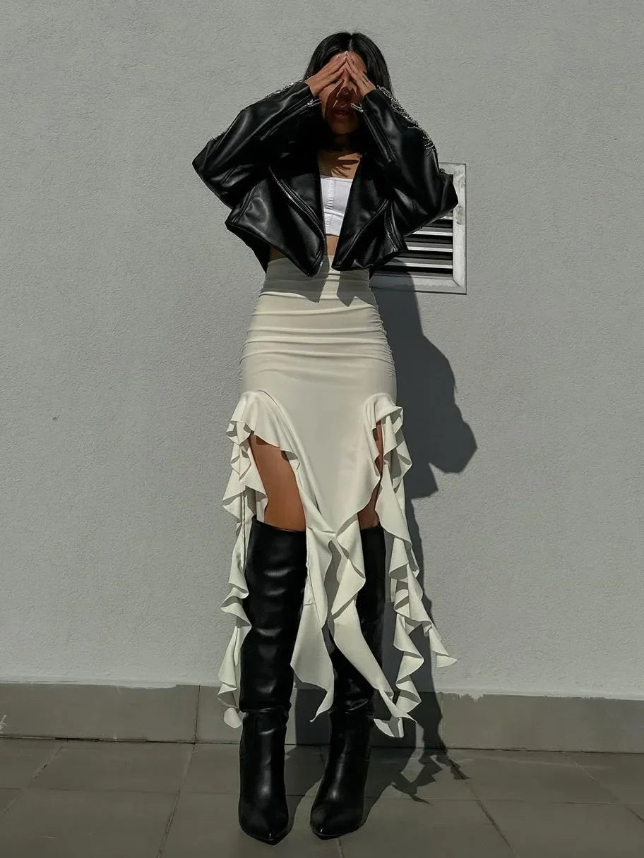 DressBetty - Ruffled High Split Pleated  Patchwork Maxi Skirt