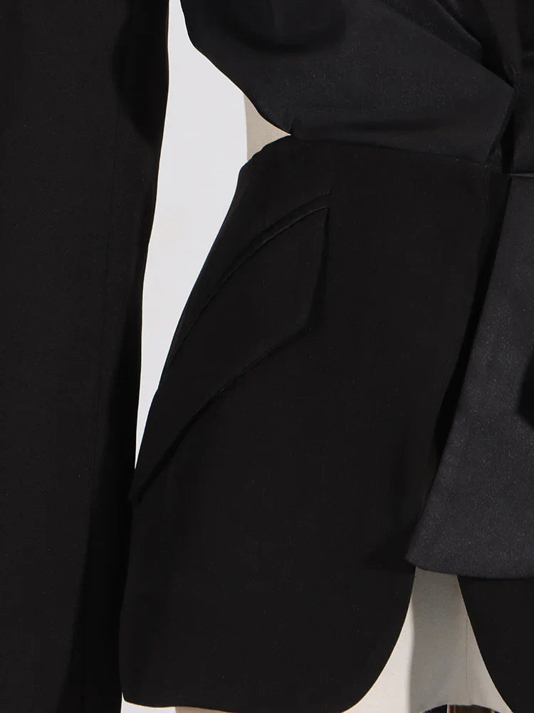 Temperament Black Notched Collar Long Sleeve Spliced Diamonds  Slimming Blazer
