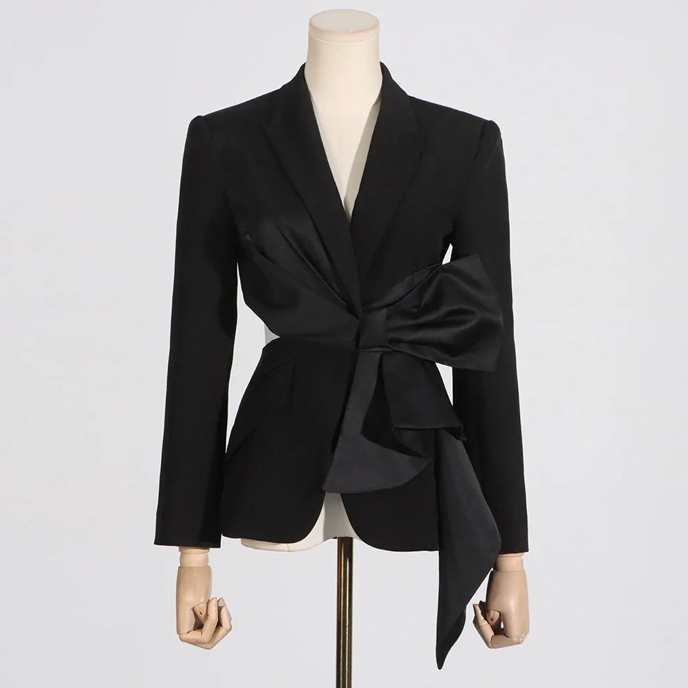 Temperament Black Notched Collar Long Sleeve Spliced Diamonds  Slimming Blazer