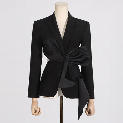Temperament Black Notched Collar Long Sleeve Spliced Diamonds  Slimming Blazer