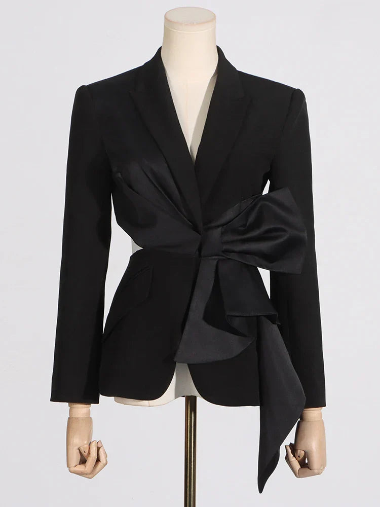 Temperament Black Notched Collar Long Sleeve Spliced Diamonds  Slimming Blazer