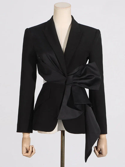 Temperament Black Notched Collar Long Sleeve Spliced Diamonds  Slimming Blazer