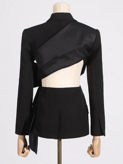 Temperament Black Notched Collar Long Sleeve Spliced Diamonds  Slimming Blazer