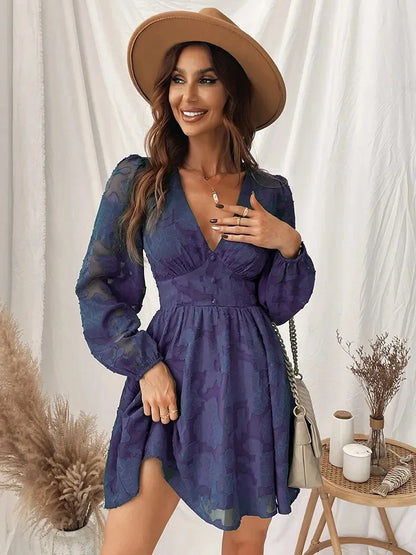 DressBetty - 2024  Long Sleeve Green Plunge A-Line Mini Boho Dress