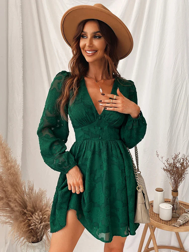 DressBetty - 2024  Long Sleeve Green Plunge A-Line Mini Boho Dress
