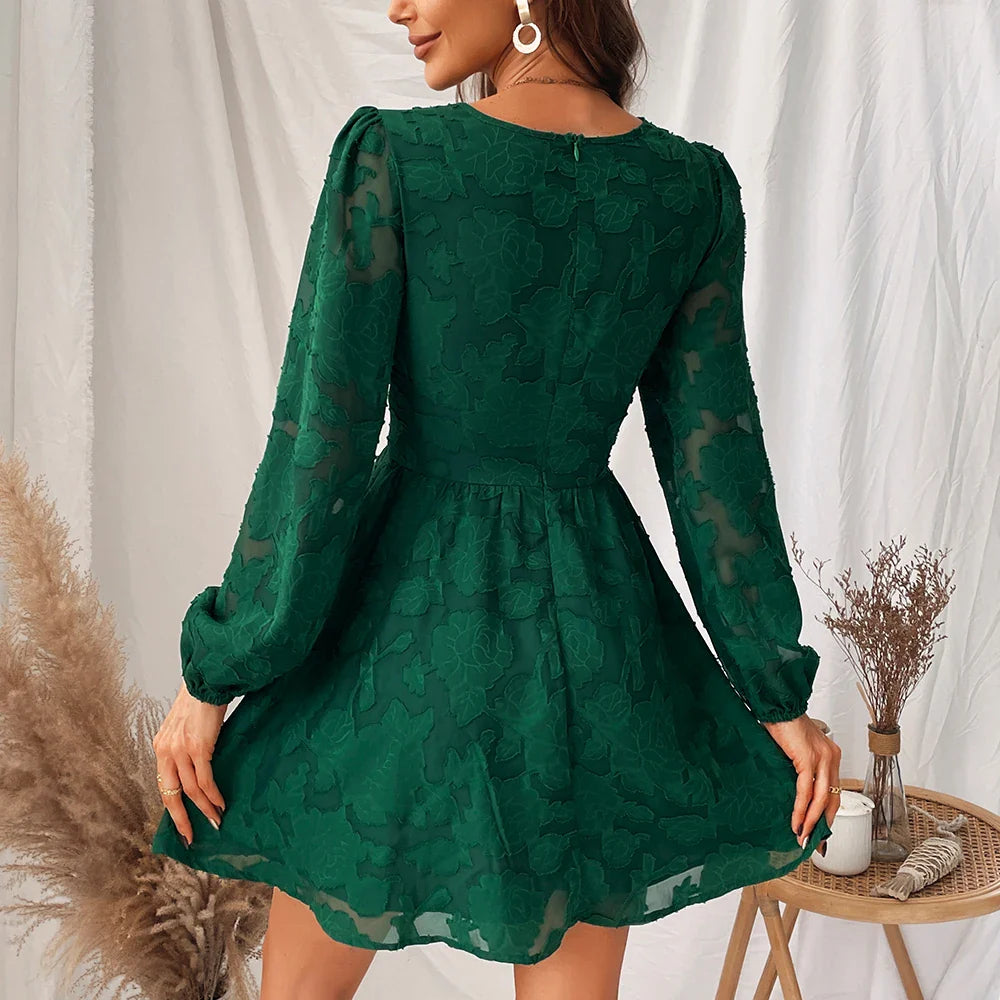 DressBetty - 2024  Long Sleeve Green Plunge A-Line Mini Boho Dress