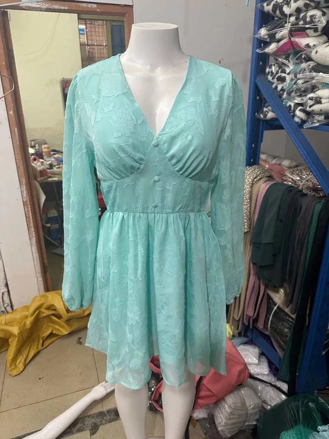DressBetty - 2024  Long Sleeve Green Plunge A-Line Mini Boho Dress