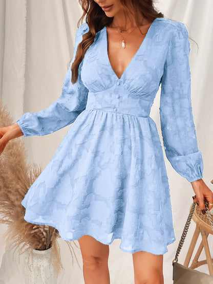 DressBetty - 2024  Long Sleeve Green Plunge A-Line Mini Boho Dress