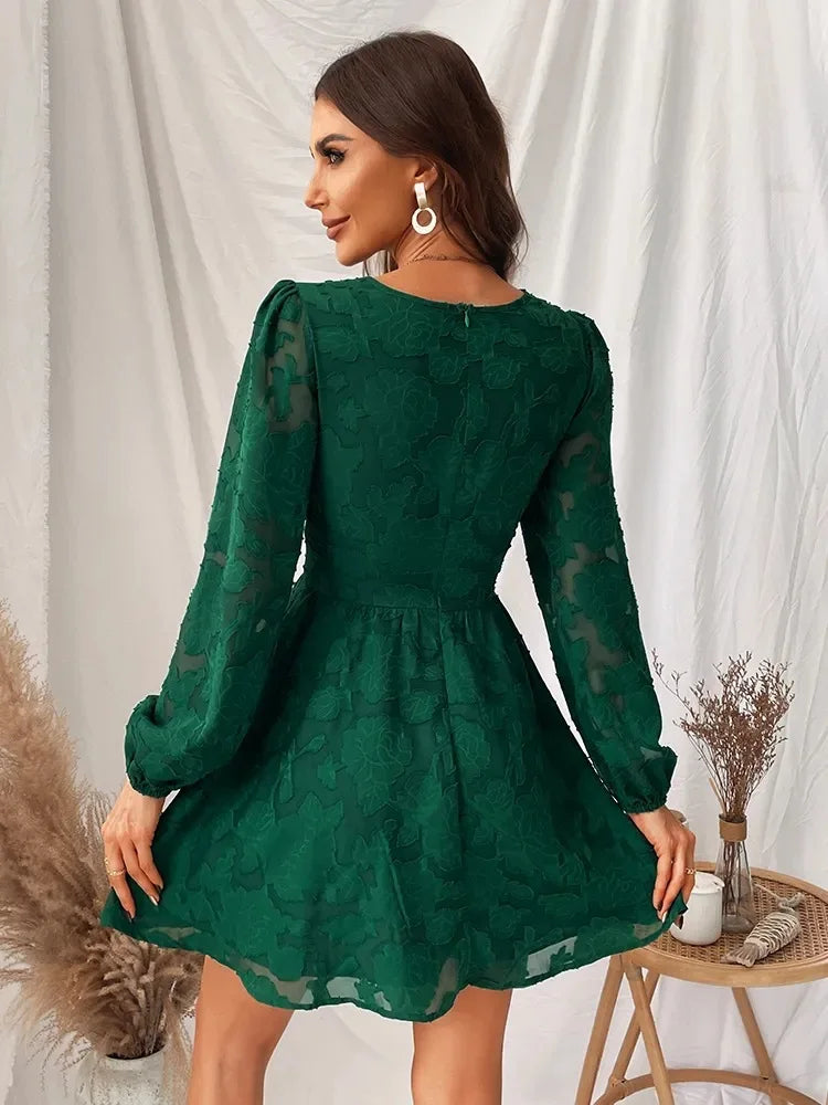 DressBetty - 2024  Long Sleeve Green Plunge A-Line Mini Boho Dress