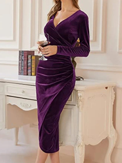 DressBetty - 2024  Velvet Split Ruched V-neck Midi Bodycon Dress
