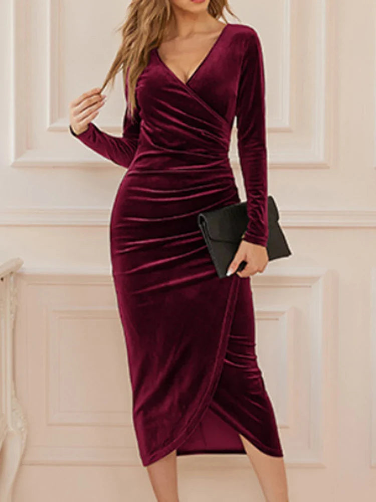 DressBetty - 2024  Velvet Split Ruched V-neck Midi Bodycon Dress