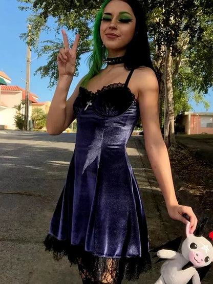 Velvet Gothic  Black Vintage Spaghetti Strap High Waist Aesthetic Elegant Party Dress