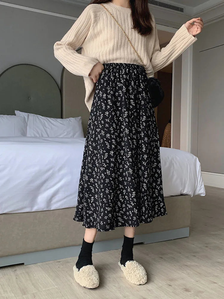 DressBetty - Vintage Floral Print A-line Pleated Streetwear Drawstring Midi Skirt