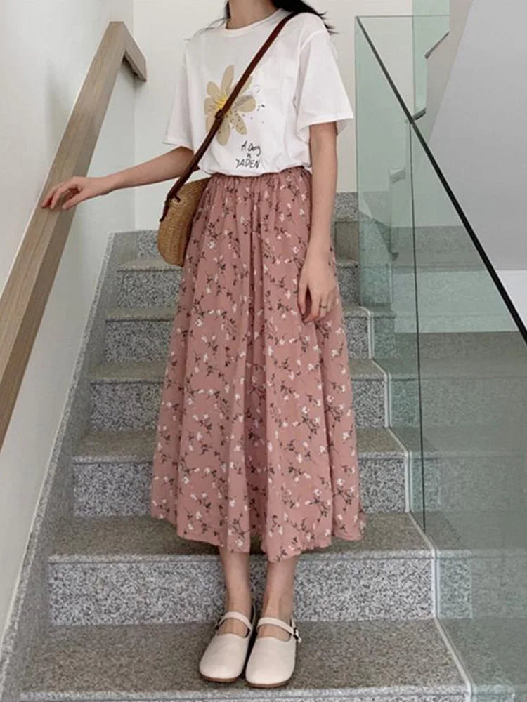 DressBetty - Vintage Floral Print A-line Pleated Streetwear Drawstring Midi Skirt