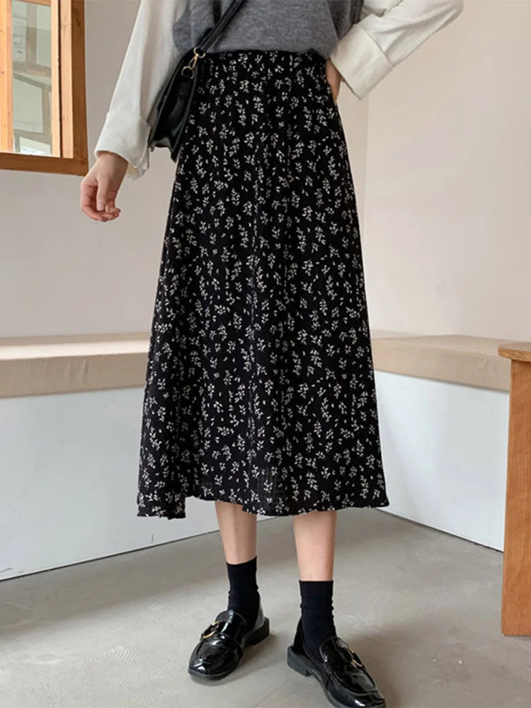 DressBetty - Vintage Floral Print A-line Pleated Streetwear Drawstring Midi Skirt