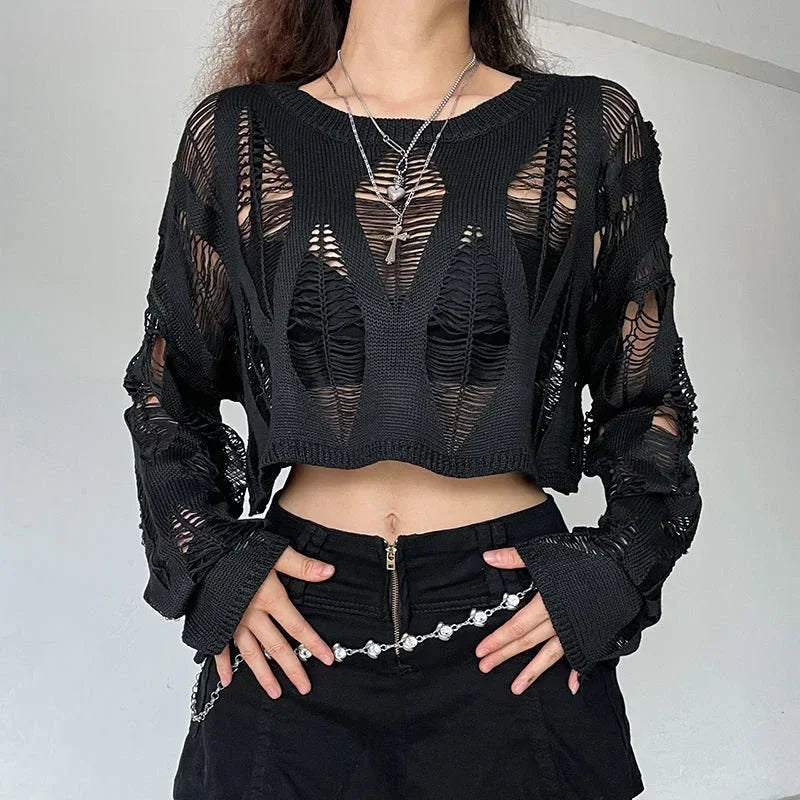 Vintage Hole Ripped  Fashion Cropped Hollow Spring Sweater