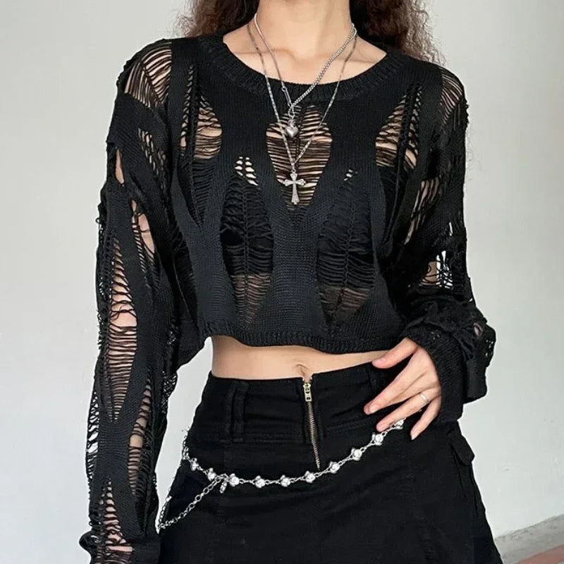 Vintage Hole Ripped  Fashion Cropped Hollow Spring Sweater