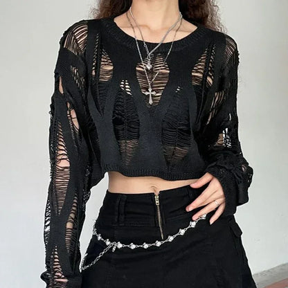 Vintage Hole Ripped  Fashion Cropped Hollow Spring Sweater