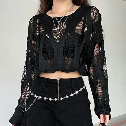 Vintage Hole Ripped  Fashion Cropped Hollow Spring Sweater