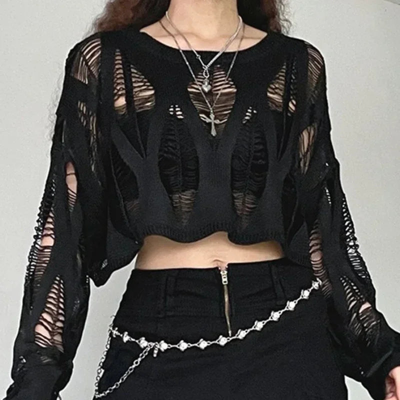 Vintage Hole Ripped  Fashion Cropped Hollow Spring Sweater