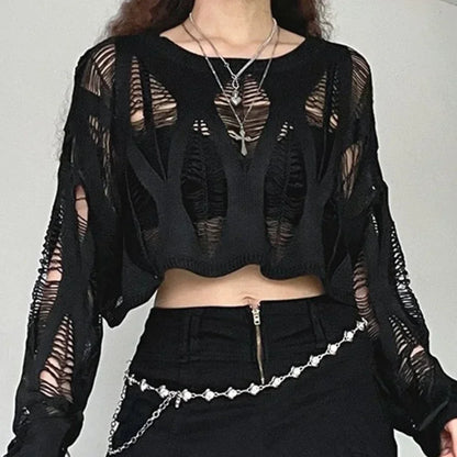 Vintage Hole Ripped  Fashion Cropped Hollow Spring Sweater