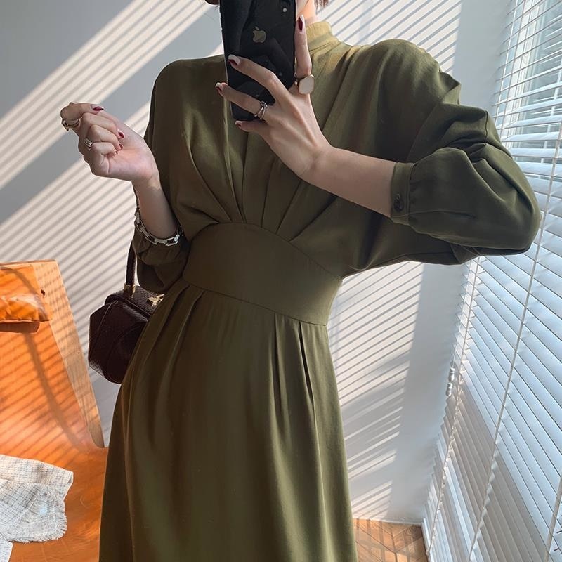 DressBetty - Vintage Long Sleeve Elegant Autumn Bodycon Dress Slimming Pleated Stand Collar Midi Dress