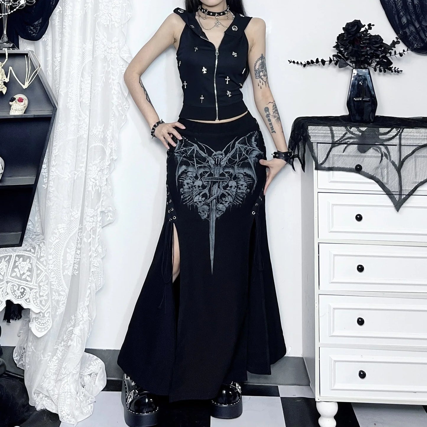 Vintage Print High Waist Mermaid Maxi Gothic Long Gothic Print  High-slit Skirt