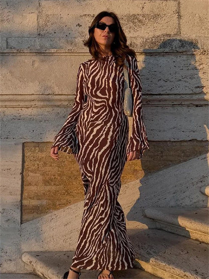 DressBetty - Autumn  Long Sleeve Zebra Print Bodycon Maxi Dress