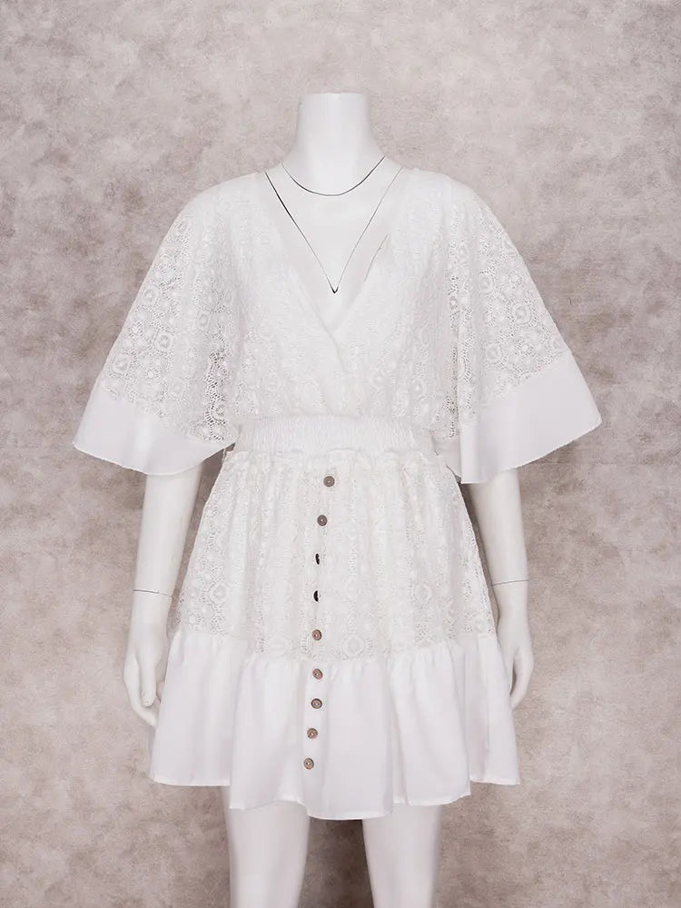 DressBetty - 2024  Deep V Neck Lace Tunic Mini Boho Dress