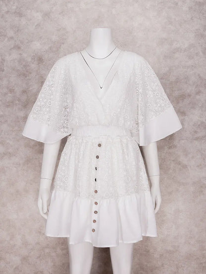 DressBetty - 2024  Deep V Neck Lace Tunic Mini Boho Dress