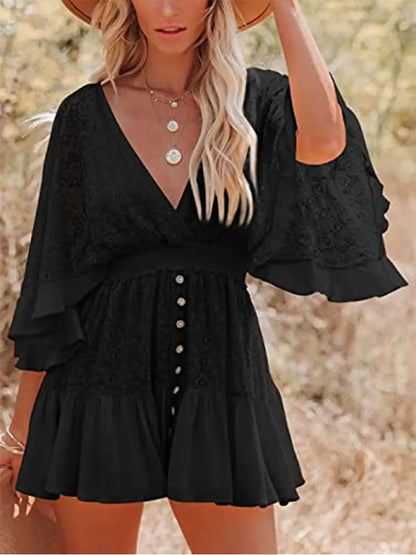 DressBetty - 2024  Deep V Neck Lace Tunic Mini Boho Dress