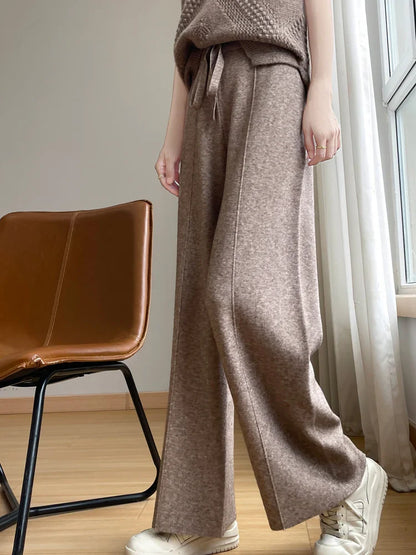 Wide Fashion Leisure Loose High Waist Elastic Solid Knitting Autumn New Pants