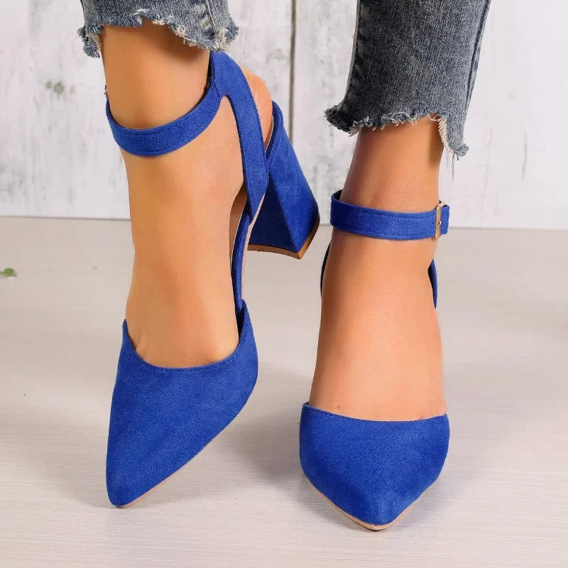 Women's Pointed Toe Highs Trend Summer New Fashion Suede Chunky Shal  Shoes Low Heel Pumps