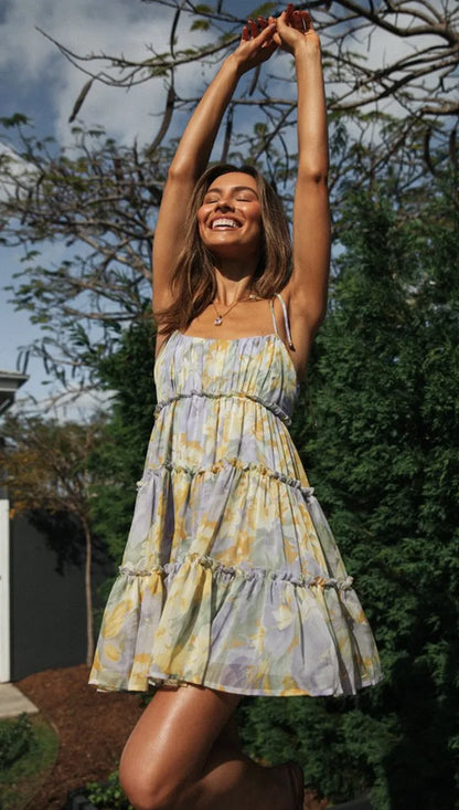 DressBetty -  Square Collar Sleeveless Lace-Up Chiffon Holiday Midi Dress