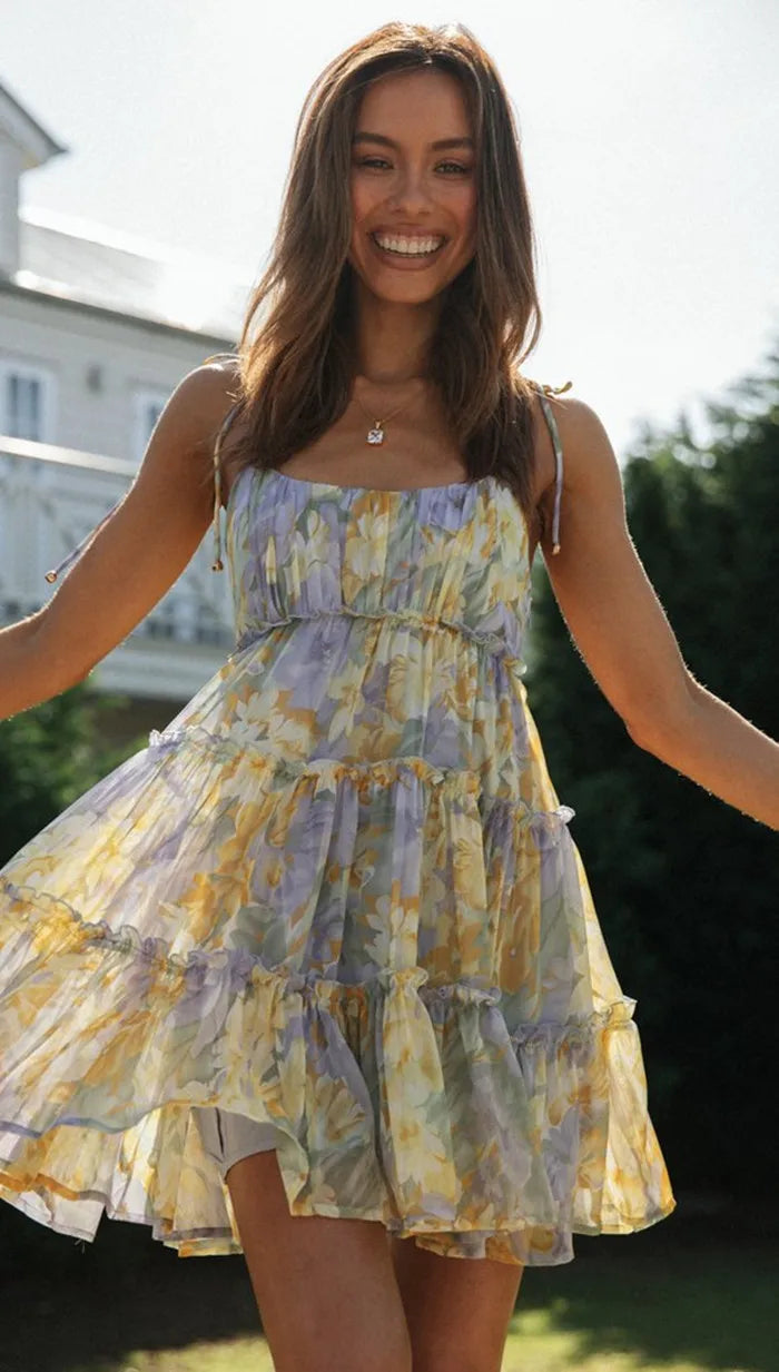 DressBetty -  Square Collar Sleeveless Lace-Up Chiffon Holiday Midi Dress