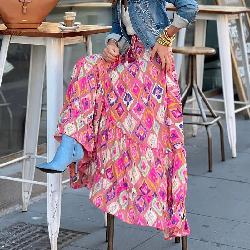 DressBetty - Elegant High Waist Vintage Patterned Print Boho Long Maxi Skirt